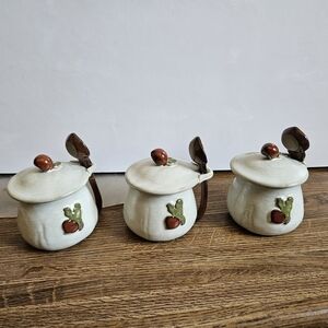 Japanese Set of 3 "Hon Original" Handmade Stoneware Mugs, Lids with Spoons